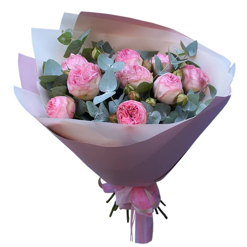 Композиция из розовых пионовидных роз с эвкалипта (50 см)